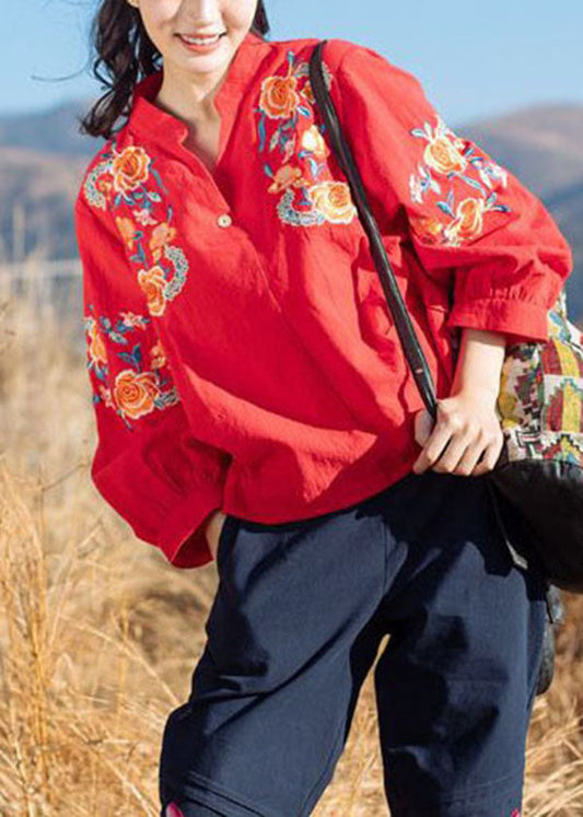 Red V Neck Embroideried Cotton Shirt Tops Half Sleeve