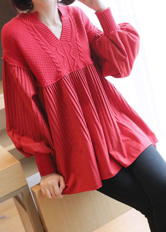 Red V Neck Patchwork Knit Tops Spring