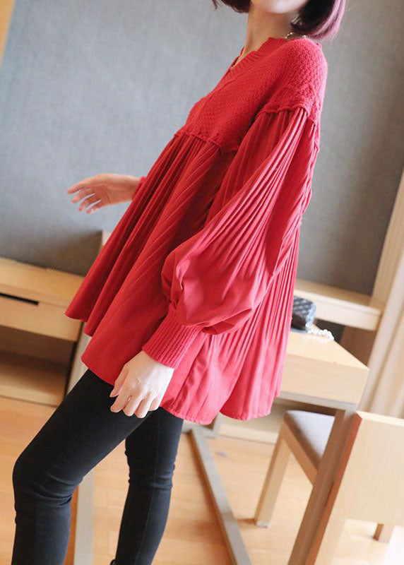 Red V Neck Patchwork Knit Tops Spring