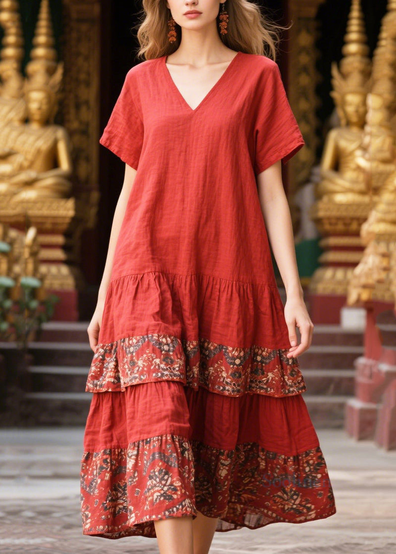 Red V Neck Patchwork Print Cotton Holiday Dress Summer