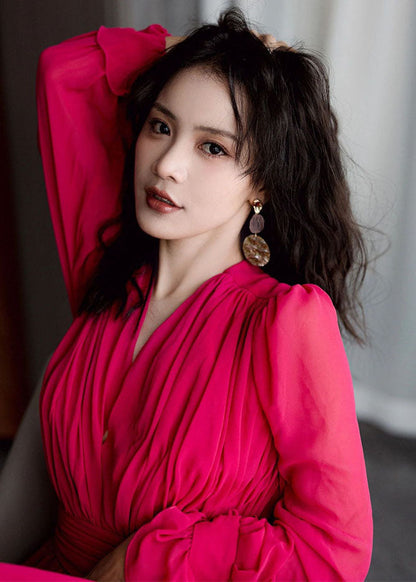 Red V Neck Patchwork Slim Silk Maxi Dresses Fall
