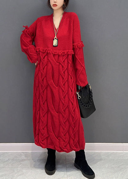 Red V Neck Patchwork Tassel Knit Loose Sweater Dress Winter