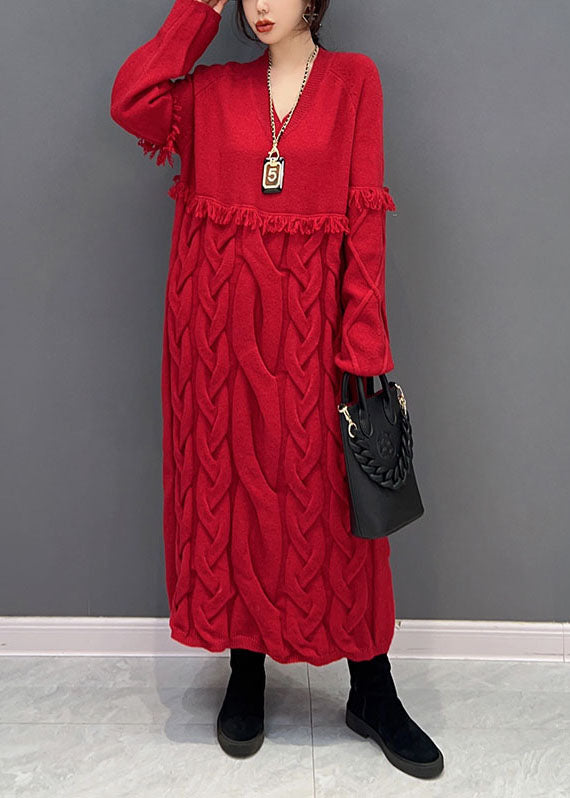Red V Neck Patchwork Tassel Knit Loose Sweater Dress Winter