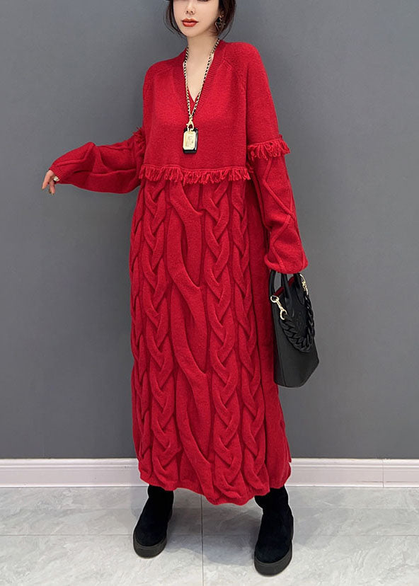 Red V Neck Patchwork Tassel Knit Loose Sweater Dress Winter