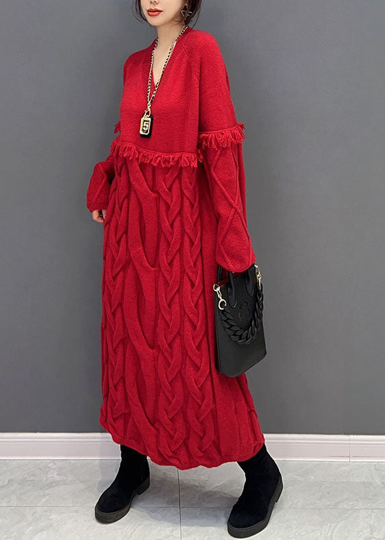 Red V Neck Patchwork Tassel Knit Loose Sweater Dress Winter