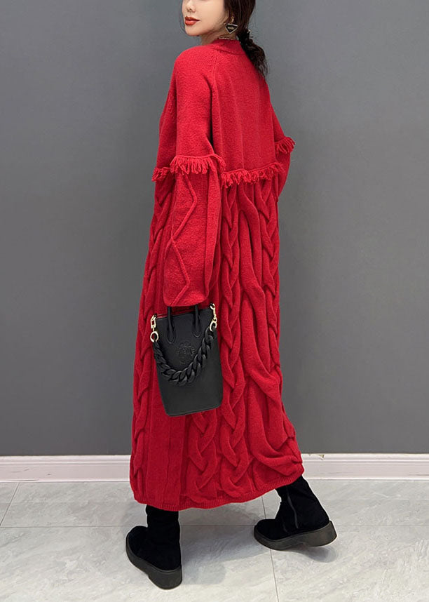 Red V Neck Patchwork Tassel Knit Loose Sweater Dress Winter