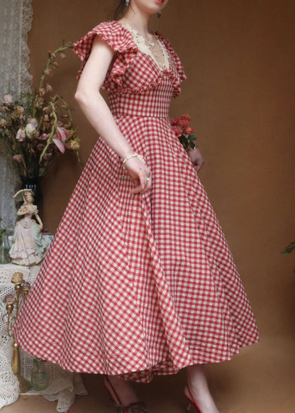 Red V Neck Plaid Ruffled Cotton Dress Butterfly Sleeve