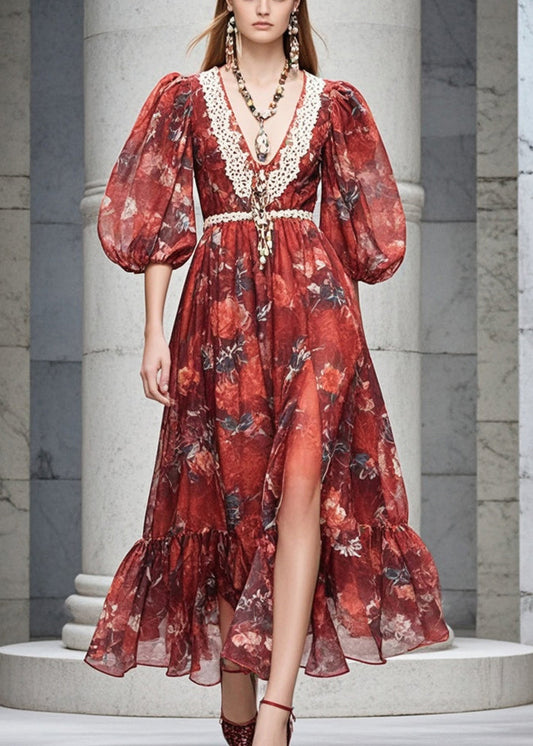 Red V Neck Print Chiffon Dresses Flare Sleeve