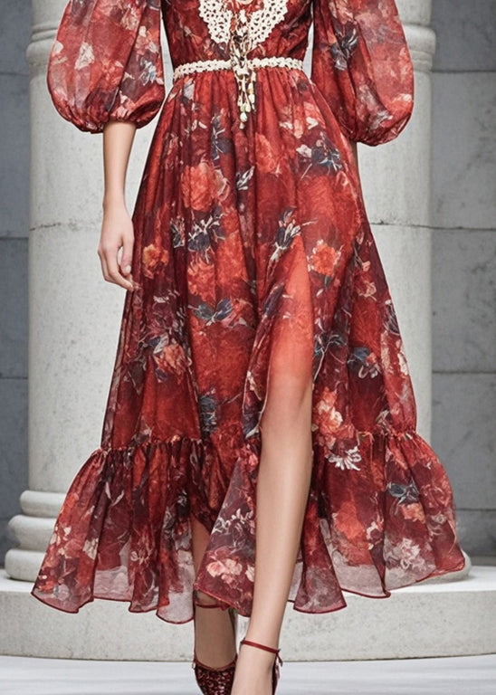 Red V Neck Print Chiffon Dresses Flare Sleeve