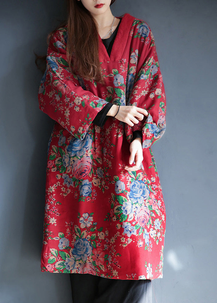Red V Neck Print Warm Fleece Long Cotton Parka Winter