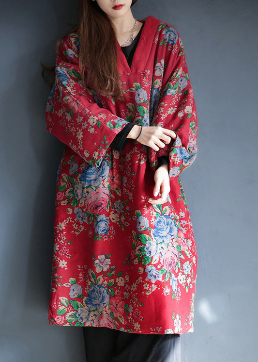 Red V Neck Print Warm Fleece Long Cotton Parka Winter