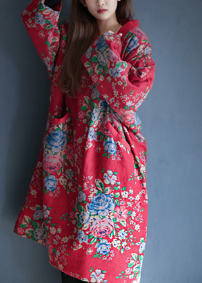 Red V Neck Print Warm Fleece Long Cotton Parka Winter
