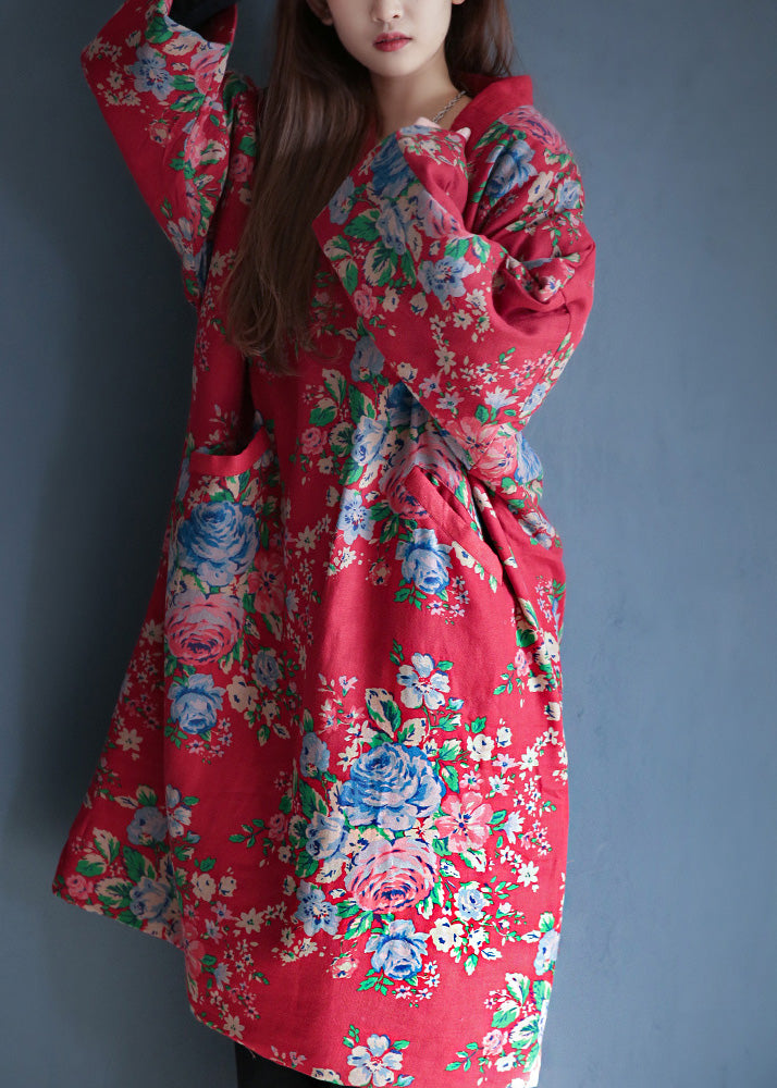 Red V Neck Print Warm Fleece Long Cotton Parka Winter