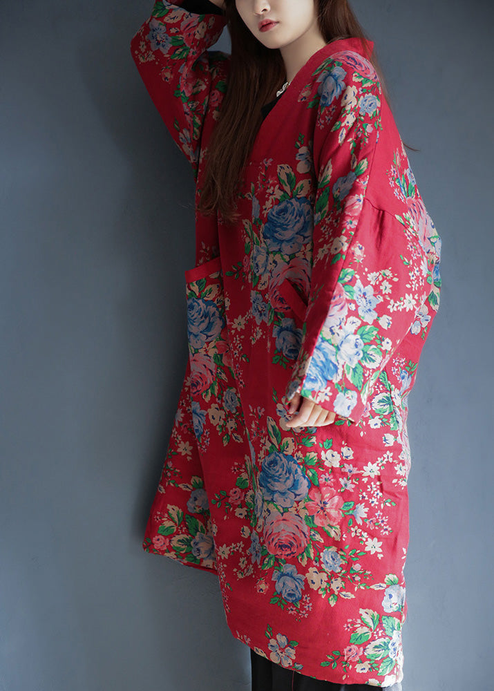 Red V Neck Print Warm Fleece Long Cotton Parka Winter