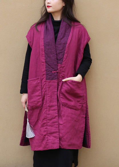 Red V Neck Warm Fleece Side Open Button Waistcoat Winter