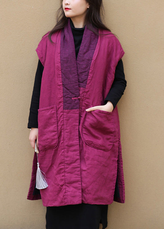 Red V Neck Warm Fleece Side Open Button Waistcoat Winter