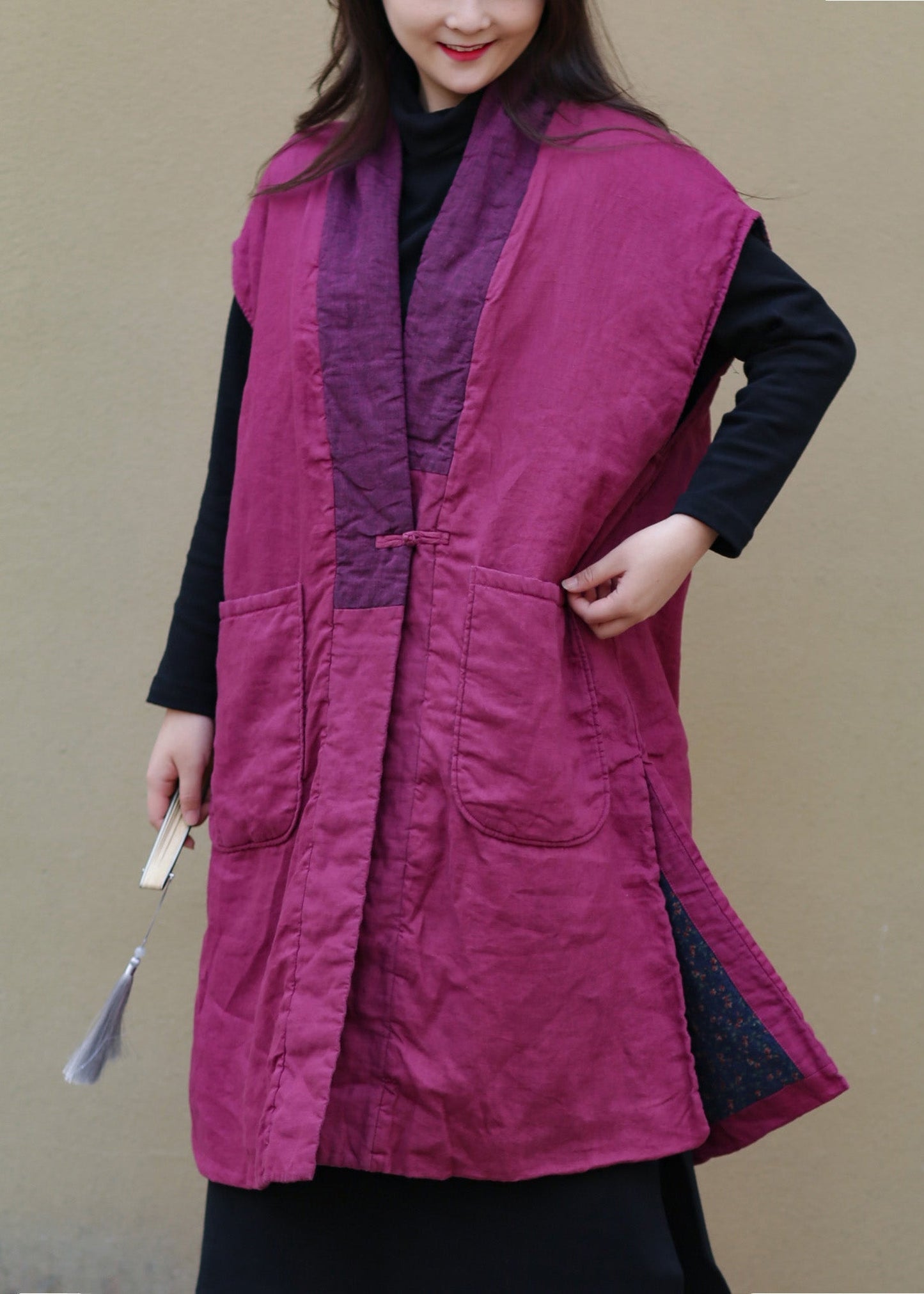 Red V Neck Warm Fleece Side Open Button Waistcoat Winter