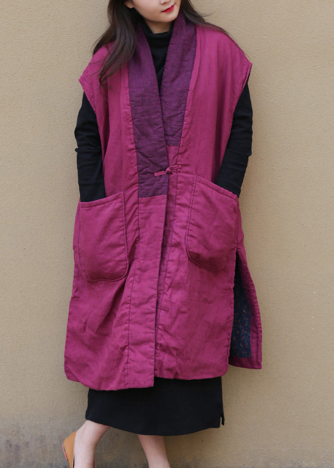Red V Neck Warm Fleece Side Open Button Waistcoat Winter