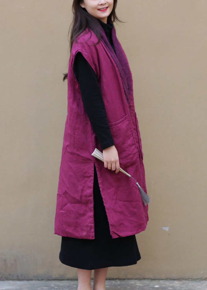 Red V Neck Warm Fleece Side Open Button Waistcoat Winter