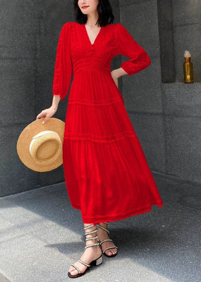 Red V Neck Wrinkled Cotton Long Dress Spring