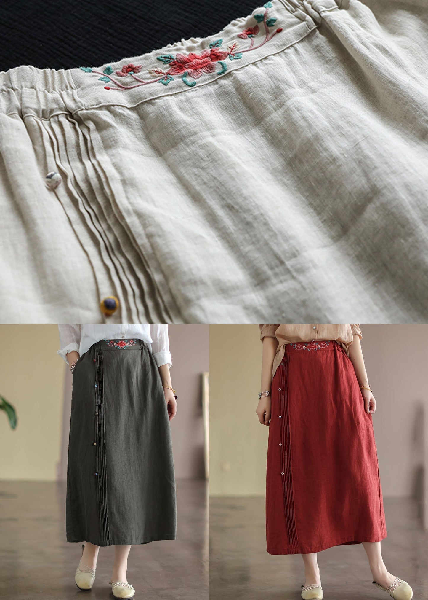 Red Wrinkled Embroideried Patchwork Cotton Skirts Summer