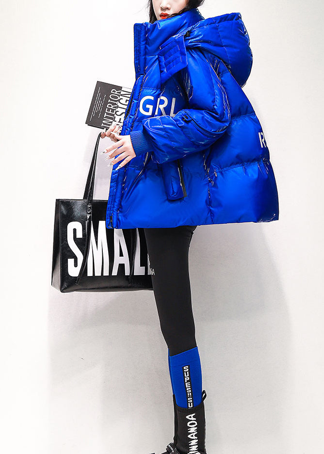 Red Zip Up Pockets Graphic Duck Down Hooded Coats Winter
