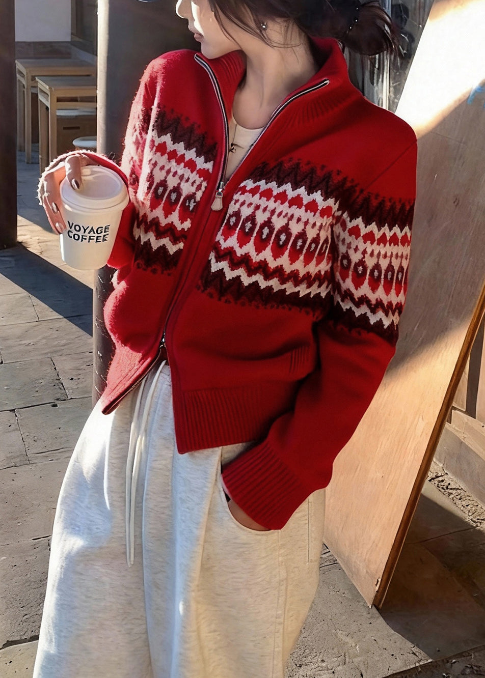 Red Zip Up Print Knit Cardigans Spring