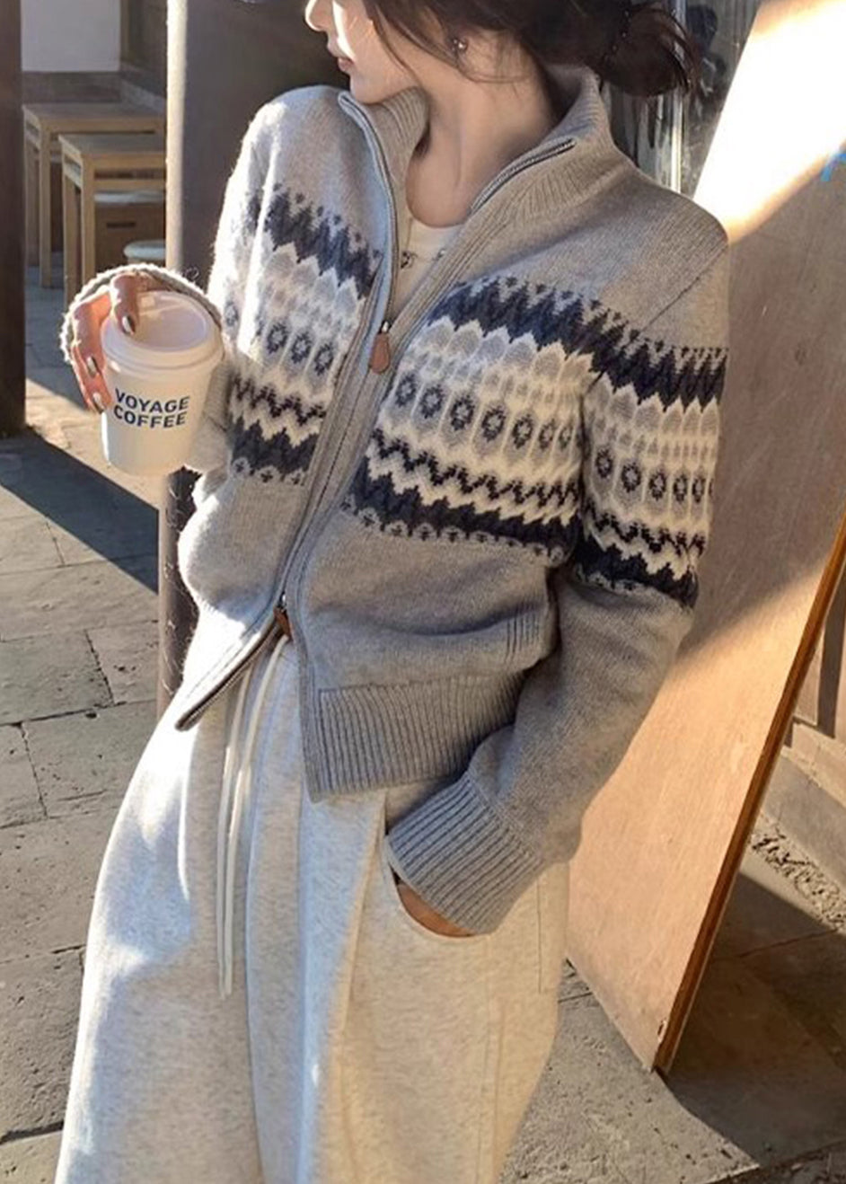 Red Zip Up Print Knit Cardigans Spring