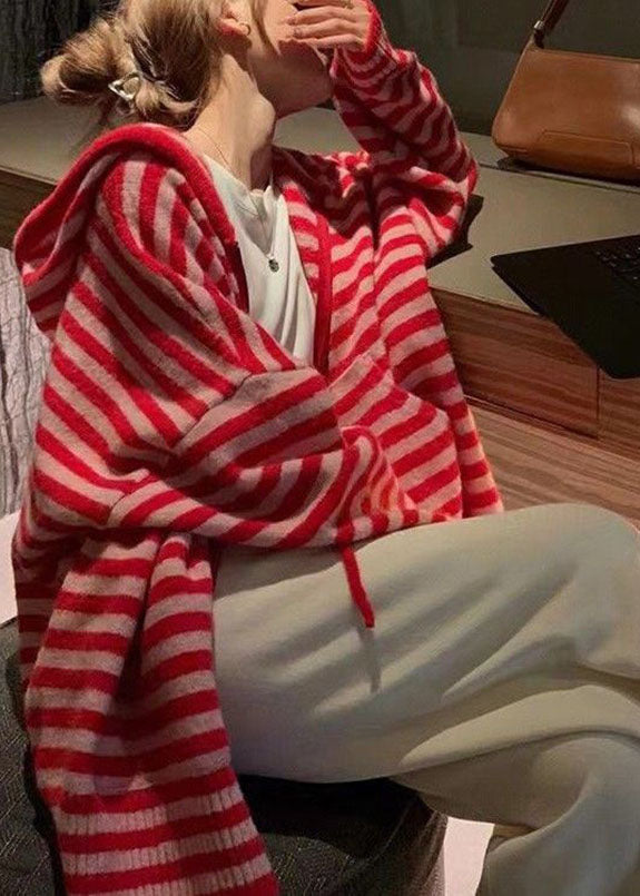 Red Zippered Wrinkled Striped Patchwork Cotton Knit Hoodies Coats Fall