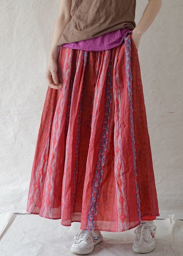 Red Elastic Waist Pocket Print Linen Beach Skirt Spring