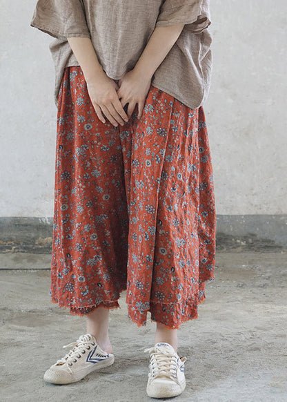 Red Elastic Waist Tie Waist Print Cotton Skirts Spring