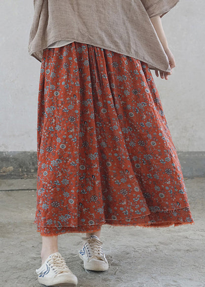 Yellow Flowers Elastic Waist Tie Waist Print Cotton Skirts Spring