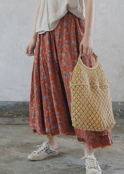 Red Elastic Waist Tie Waist Print Cotton Skirts Spring