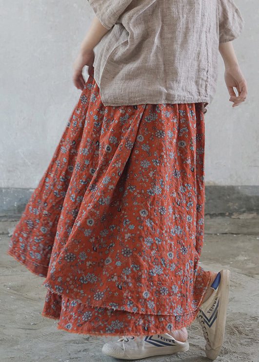 Yellow Flowers Elastic Waist Tie Waist Print Cotton Skirts Spring