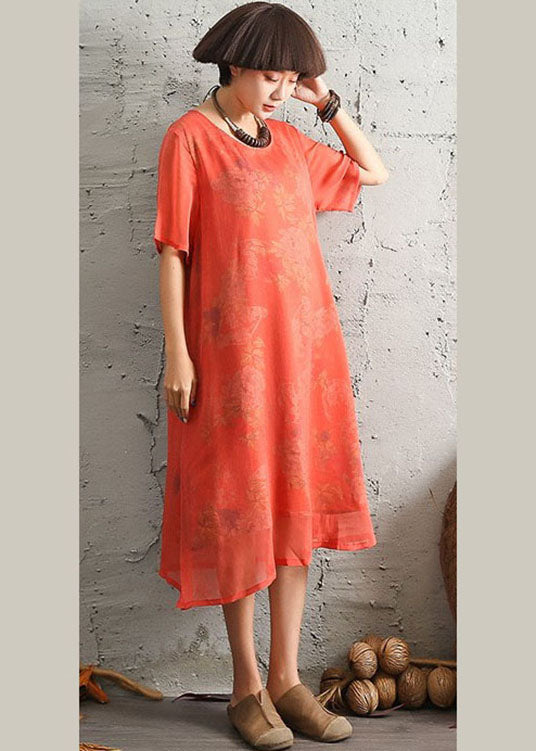 Red Side Open Print Dress Short Sleeve