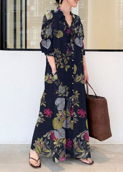 Retro Print Cotton Turn-down Collar Loose Shirt Dress With Pocket