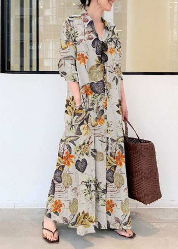 Retro Print Cotton Turn-down Collar Loose Shirt Dress With Pocket
