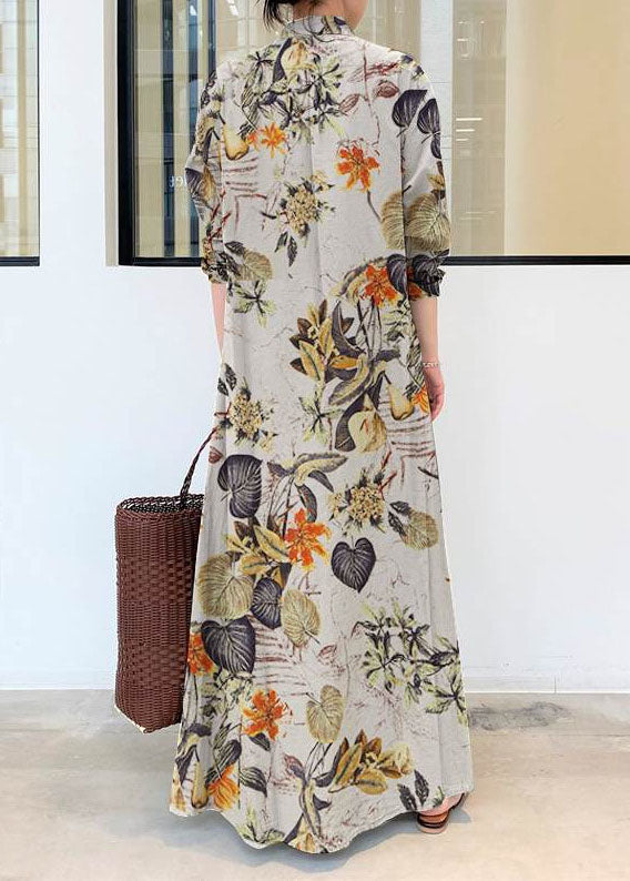 Retro Print Cotton Turn-down Collar Loose Shirt Dress With Pocket