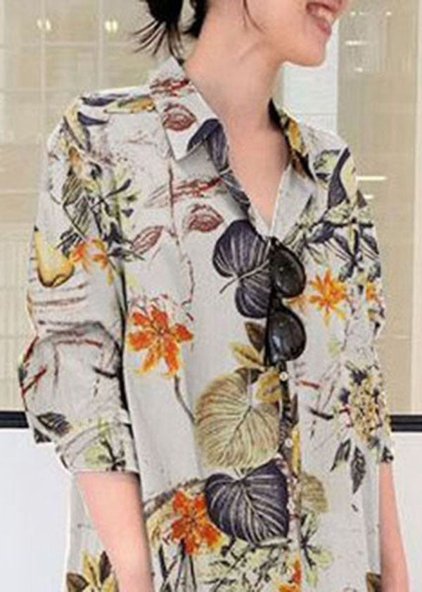 Retro Print Cotton Turn-down Collar Loose Shirt Dress With Pocket