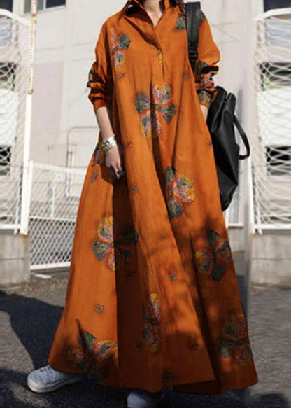 Retro Print Lapel Loose Long Sleeve Maxi Shirt Dress With Pocket