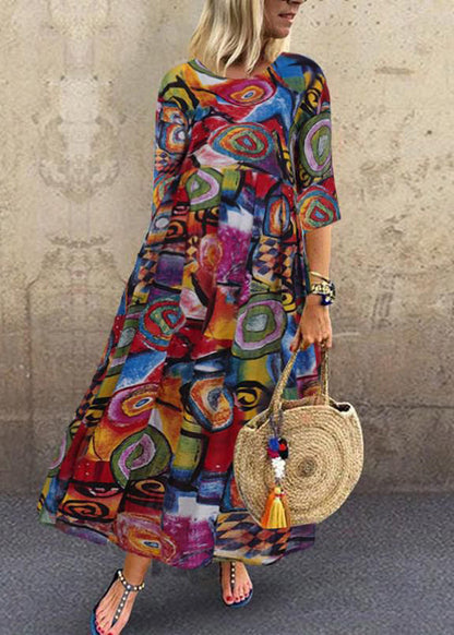 Retro O-neck Print Sleeveless Maxi Dress Red