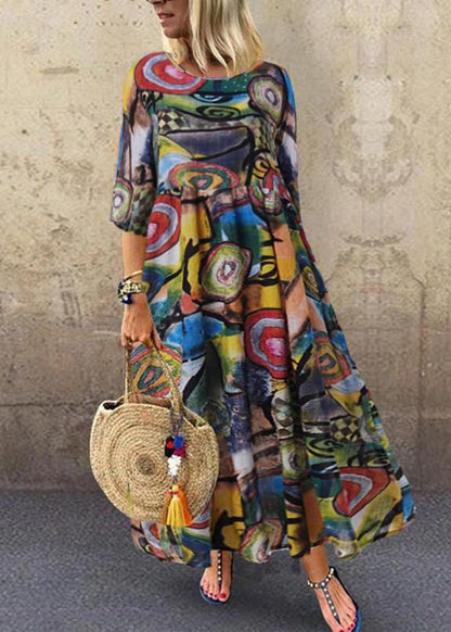 Retro O-neck Print Sleeveless Maxi Dress Red