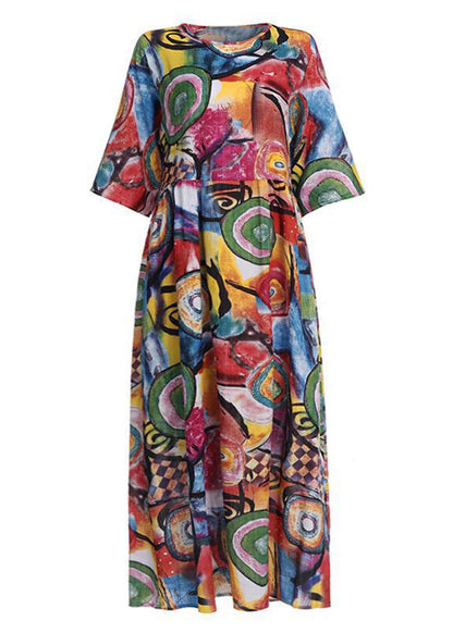 Retro O-neck Print Sleeveless Maxi Dress Red