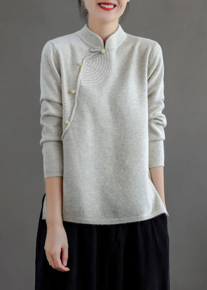 Retro Peacock Blue Stand Collar Knit Sweater Spring