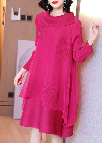 Rose Asymmetrical Patchwork Nail Bead Tulle Vacation Long Dresses Long Sleeve