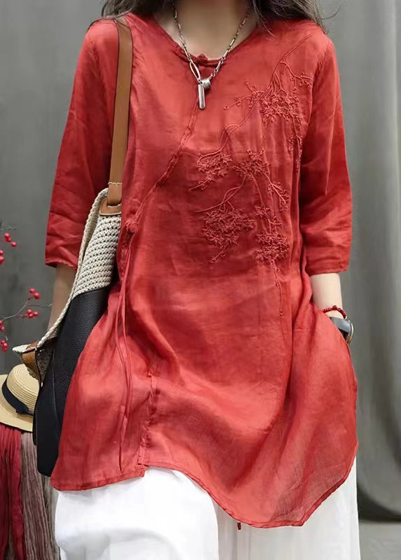 Rose Embroidered Cotton Shirt Top Half Sleeve