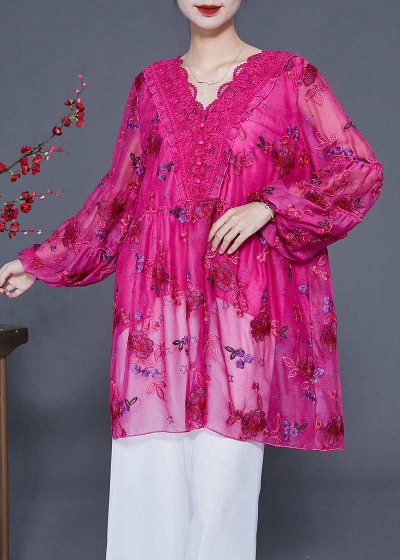 Rose Embroideried Patchwork Lace Tops Lantern Sleeve