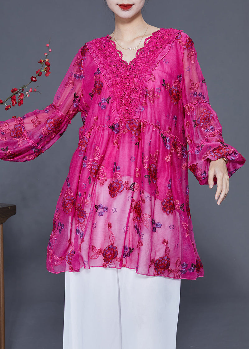 Rose Embroideried Patchwork Lace Tops Lantern Sleeve
