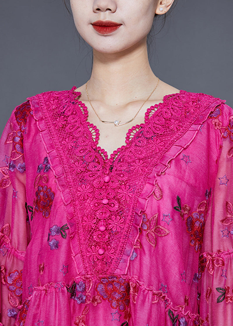 Rose Embroideried Patchwork Lace Tops Lantern Sleeve