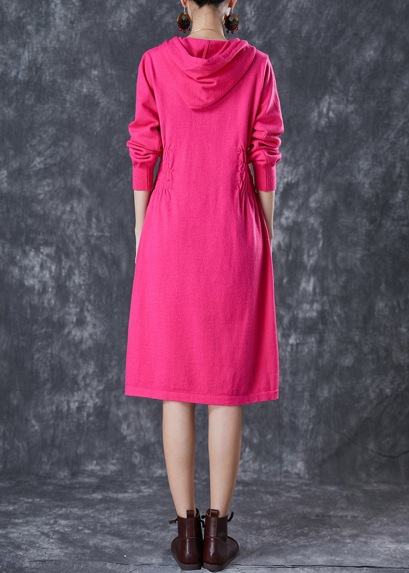 Rose Hooded Elastic Waist Knit Dresses Fall